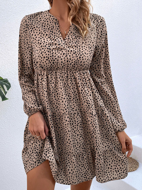 Pleated leopard-print puff-sleeved long-sleeved layered skirt dress kakaclo