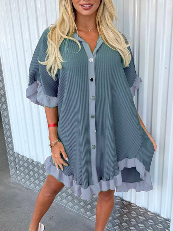Blue Zone Planet | New Solid Color Shirt Dress Ruffle Sleeve Irregular Shirt Dress kakaclo