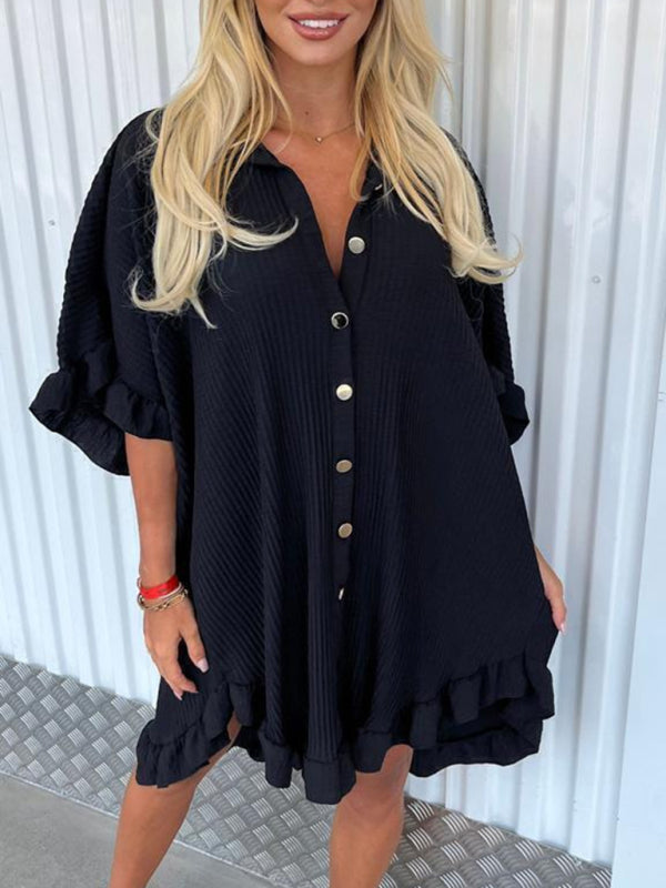 Blue Zone Planet | New Solid Color Shirt Dress Ruffle Sleeve Irregular Shirt Dress kakaclo
