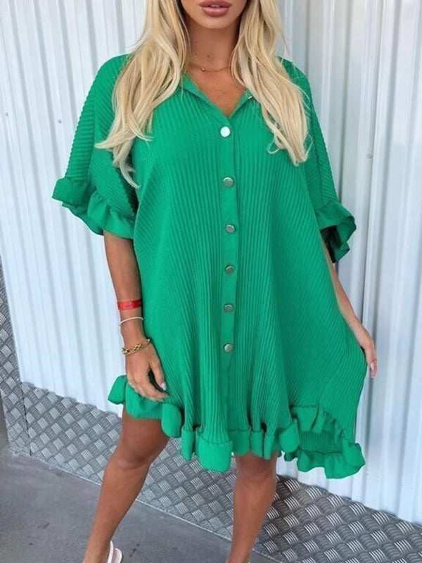 Blue Zone Planet | New Solid Color Shirt Dress Ruffle Sleeve Irregular Shirt Dress kakaclo