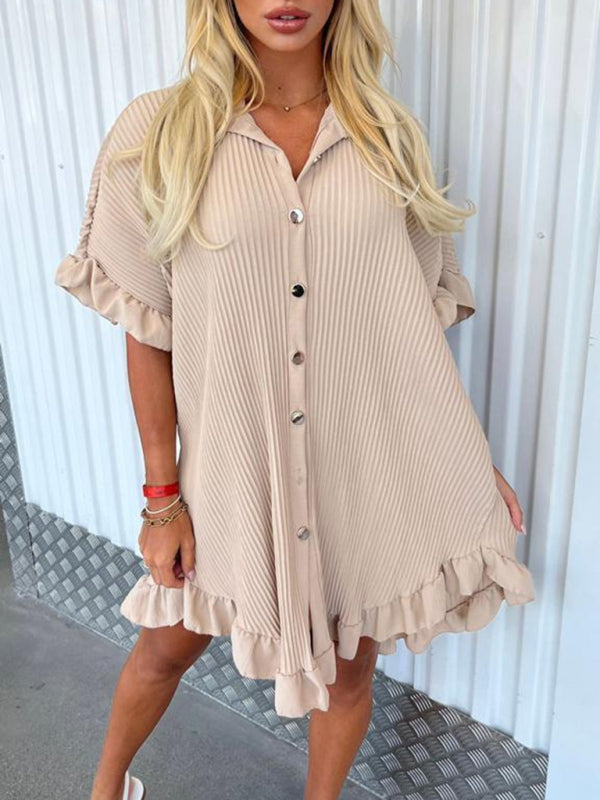 Blue Zone Planet | New Solid Color Shirt Dress Ruffle Sleeve Irregular Shirt Dress kakaclo