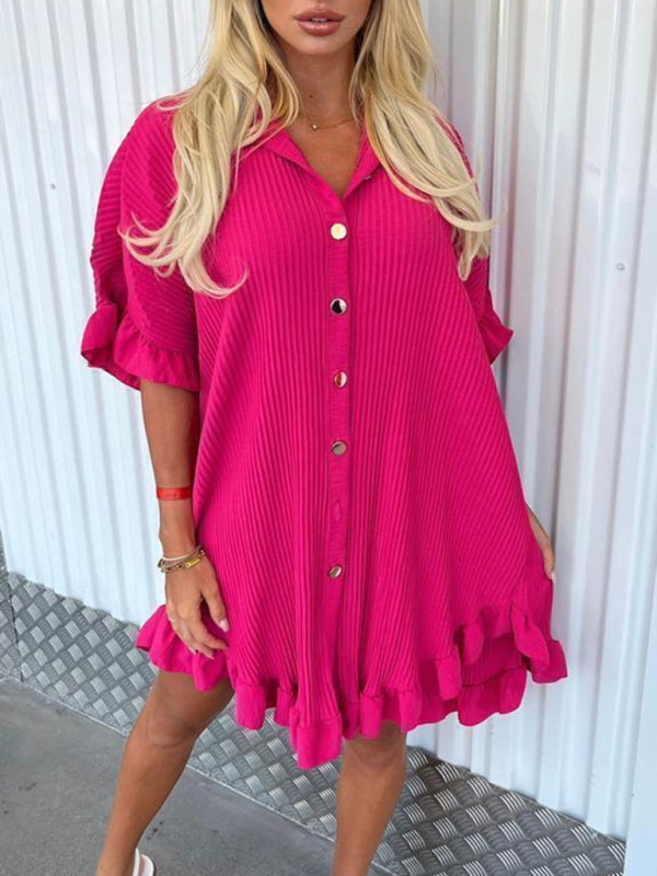 Blue Zone Planet | New Solid Color Shirt Dress Ruffle Sleeve Irregular Shirt Dress kakaclo