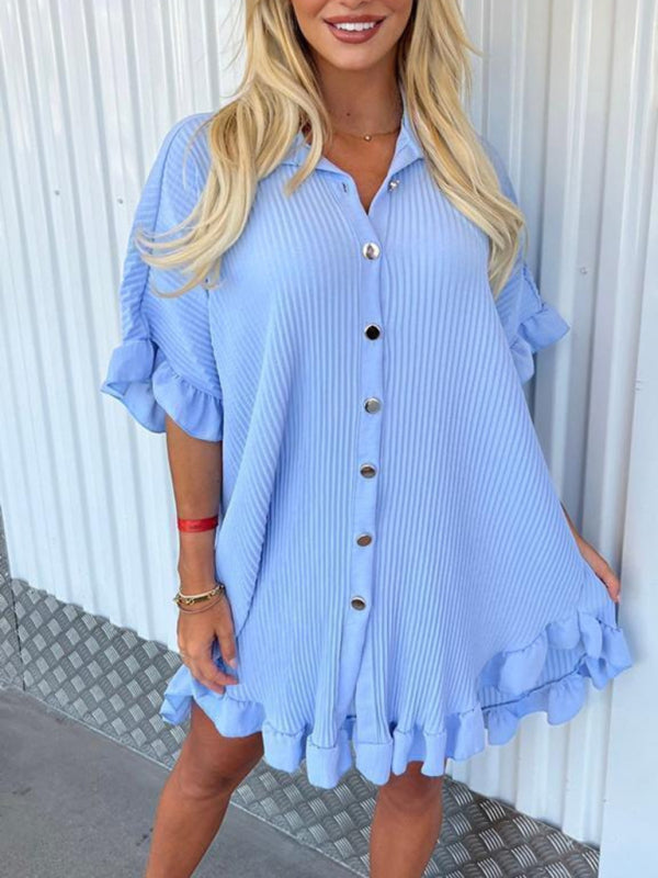 Blue Zone Planet | New Solid Color Shirt Dress Ruffle Sleeve Irregular Shirt Dress kakaclo
