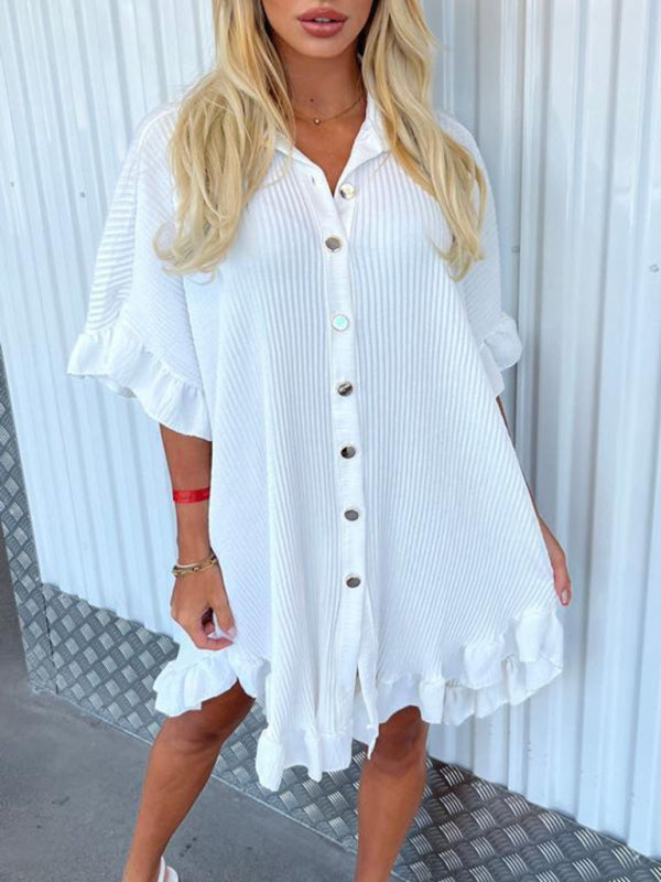 Blue Zone Planet | New Solid Color Shirt Dress Ruffle Sleeve Irregular Shirt Dress kakaclo