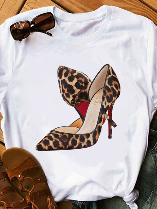 Blue Zone Planet | sexy leopard print lips t-shirt round neck short-sleeved T-shirt women's top kakaclo