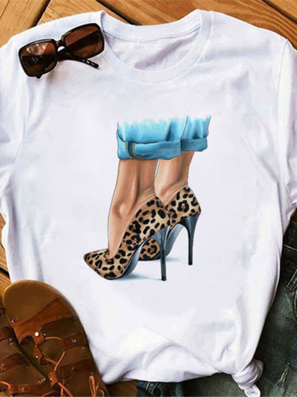 Blue Zone Planet | sexy leopard print lips t-shirt round neck short-sleeved T-shirt women's top kakaclo