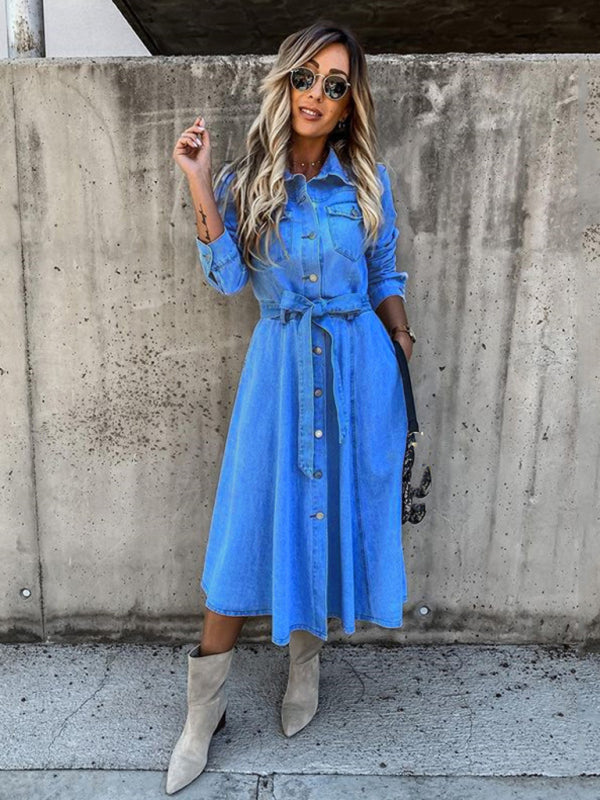 Blue Zone Planet | Denim High Waist Pocket Lapel Dress BLUE ZONE PLANET