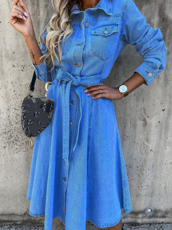 Blue Zone Planet | Denim High Waist Pocket Lapel Dress BLUE ZONE PLANET
