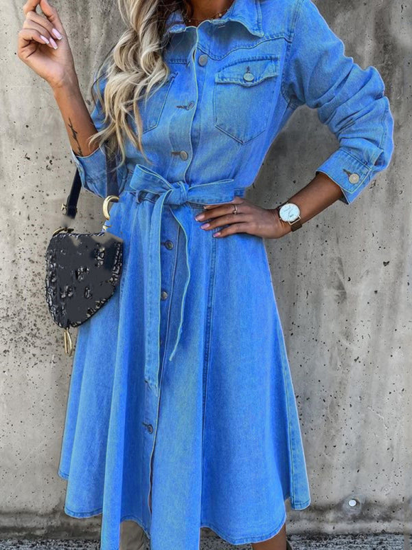 Blue Zone Planet | Denim High Waist Pocket Lapel Dress BLUE ZONE PLANET
