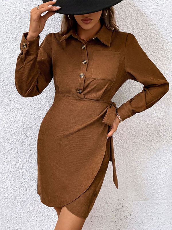 Blue Zone Planet | corduroy lapel long sleeve waist dress BLUE ZONE PLANET