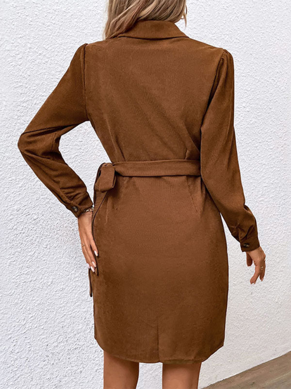 Blue Zone Planet | corduroy lapel long sleeve waist dress BLUE ZONE PLANET