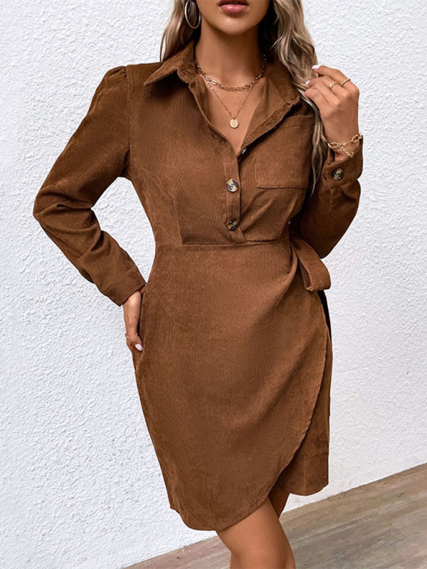 Blue Zone Planet | corduroy lapel long sleeve waist dress BLUE ZONE PLANET