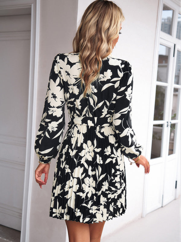 Blue Zone Planet | Vacation long-sleeved round neck pleated dress BLUE ZONE PLANET