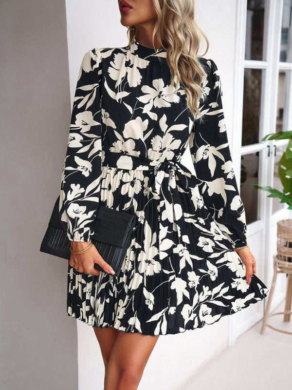Blue Zone Planet | Vacation long-sleeved round neck pleated dress BLUE ZONE PLANET