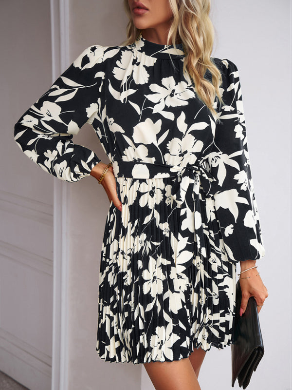 Blue Zone Planet | Vacation long-sleeved round neck pleated dress BLUE ZONE PLANET