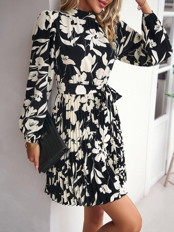 Blue Zone Planet | Vacation long-sleeved round neck pleated dress BLUE ZONE PLANET