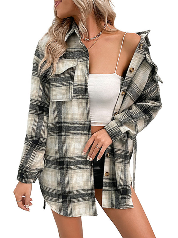 Ladies Long Plaid Shirt Jacket kakaclo