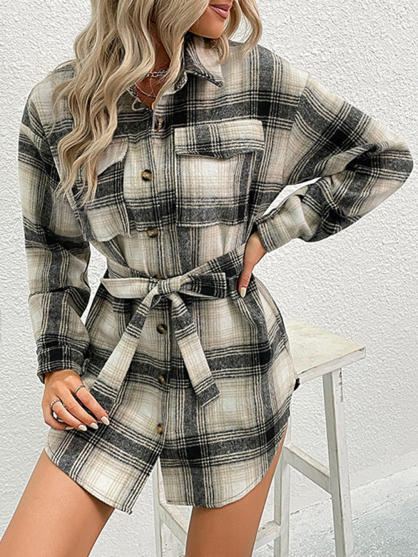 Ladies Long Plaid Shirt Jacket kakaclo