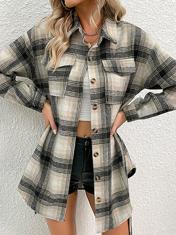 Ladies Long Plaid Shirt Jacket kakaclo