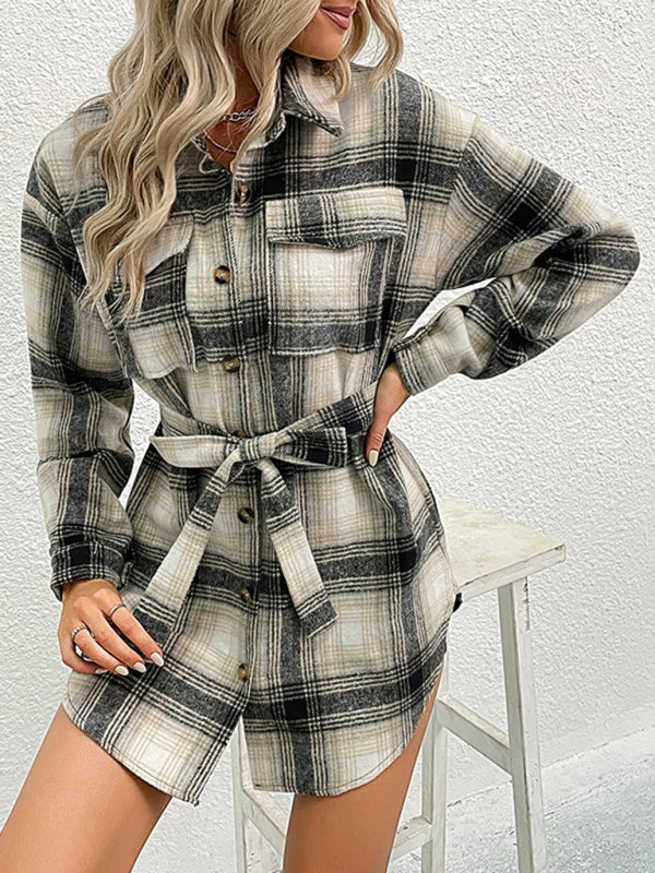 Ladies Long Plaid Shirt Jacket kakaclo