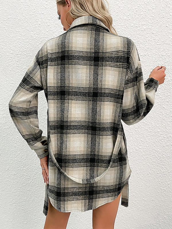 Ladies Long Plaid Shirt Jacket kakaclo