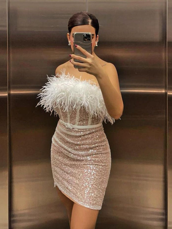 High Waist Sequin Dress One Shoulder Feather Dress Short Skirt kakaclo