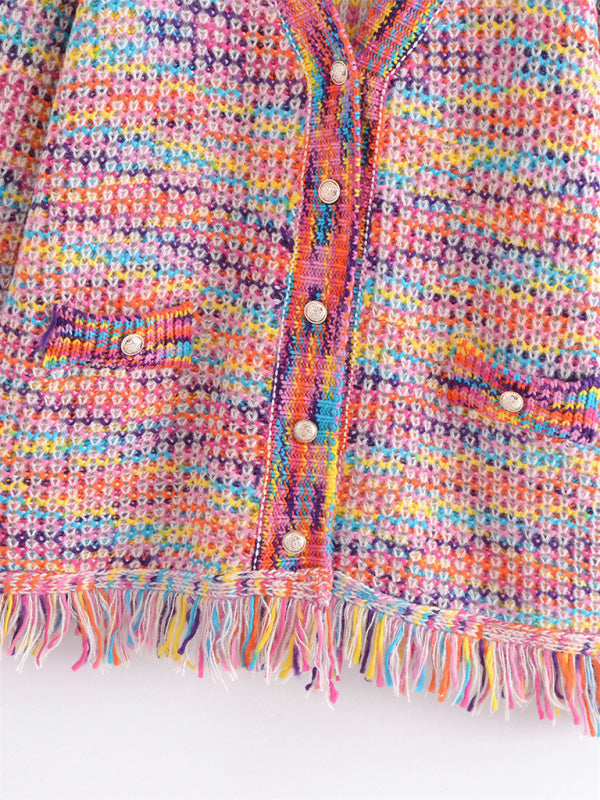 Blue Zone Planet | Ella's Multicolor All-Fringed Lazy Loose Knit V-Neck Cardigan BLUE ZONE PLANET