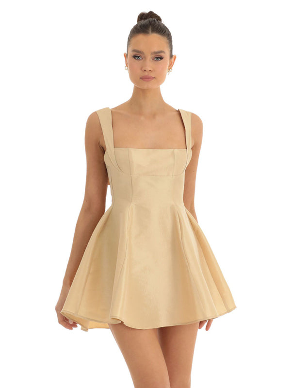 Square Neck Neck Waist Bow Knot Sling Swing Dress BLUE ZONE PLANET