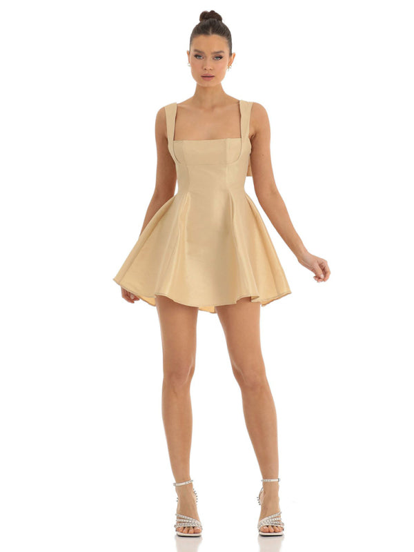 Square Neck Neck Waist Bow Knot Sling Swing Dress BLUE ZONE PLANET