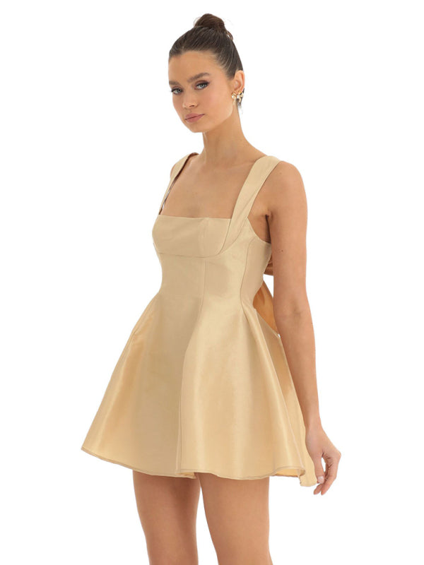Square Neck Neck Waist Bow Knot Sling Swing Dress BLUE ZONE PLANET
