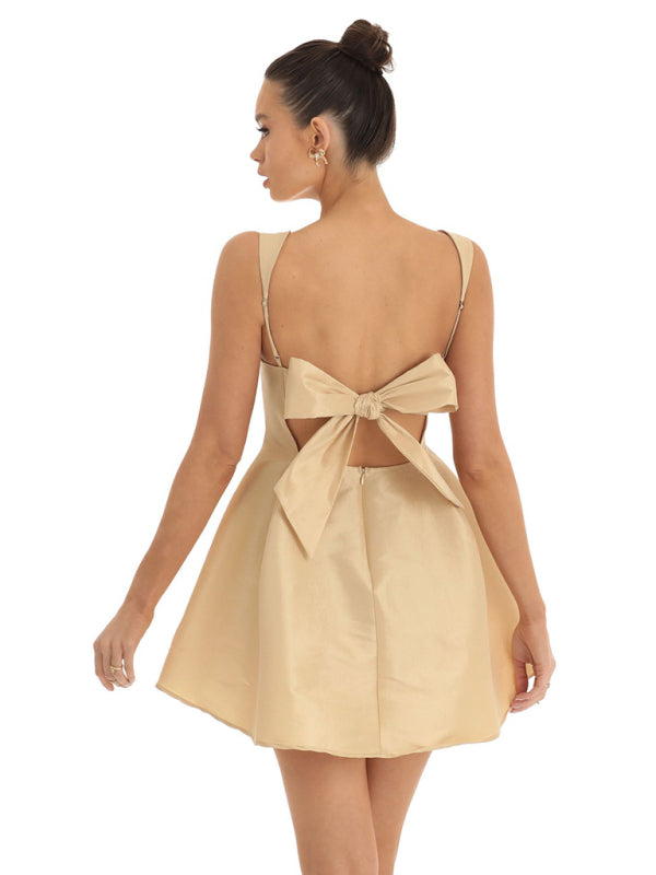 Square Neck Neck Waist Bow Knot Sling Swing Dress BLUE ZONE PLANET