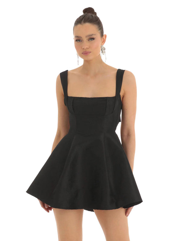 Square Neck Neck Waist Bow Knot Sling Swing Dress BLUE ZONE PLANET