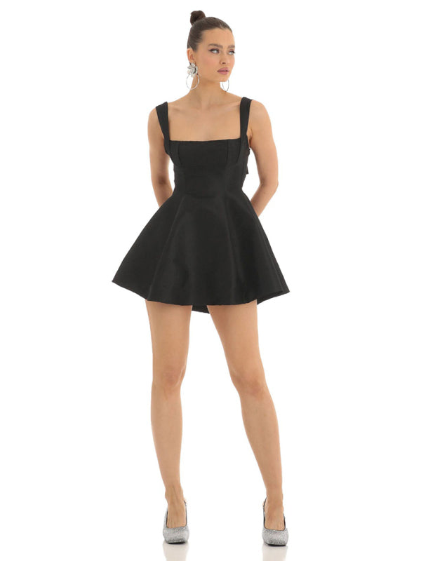 Square Neck Neck Waist Bow Knot Sling Swing Dress BLUE ZONE PLANET