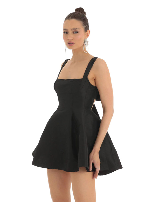 Square Neck Neck Waist Bow Knot Sling Swing Dress BLUE ZONE PLANET