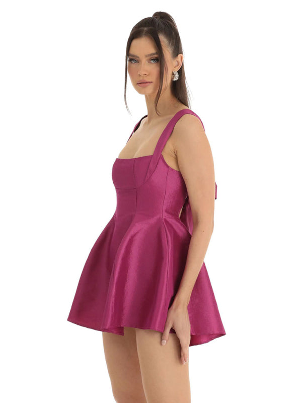 Square Neck Neck Waist Bow Knot Sling Swing Dress BLUE ZONE PLANET