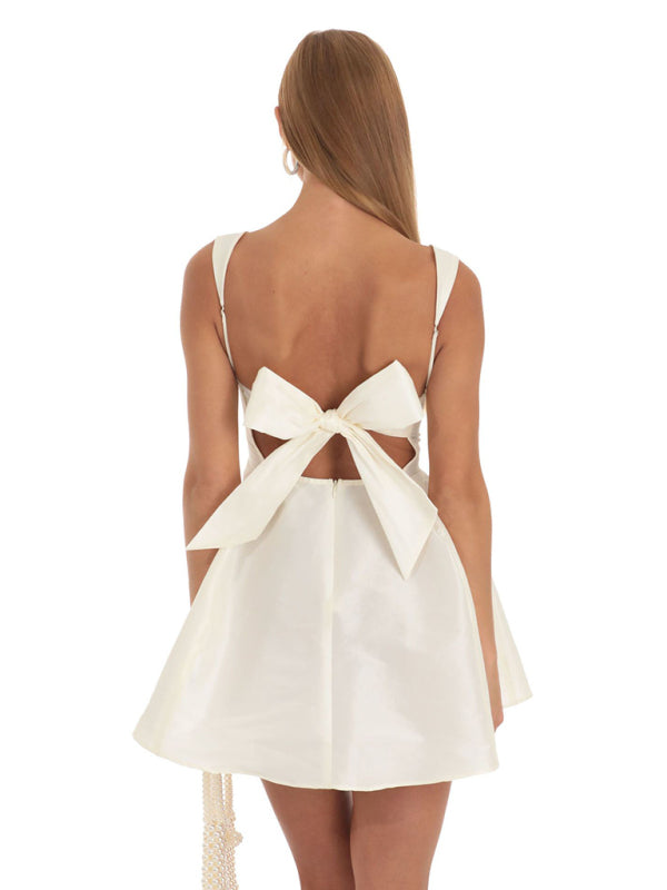 Square Neck Neck Waist Bow Knot Sling Swing Dress BLUE ZONE PLANET