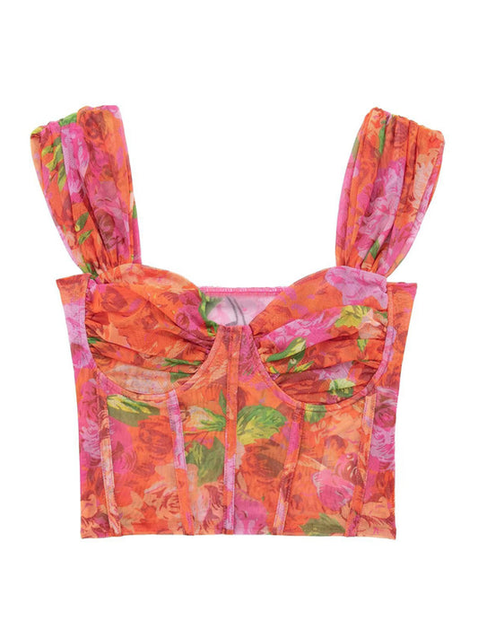 Blue Zone Planet |  Floral-print mesh bustier camisole top kakaclo