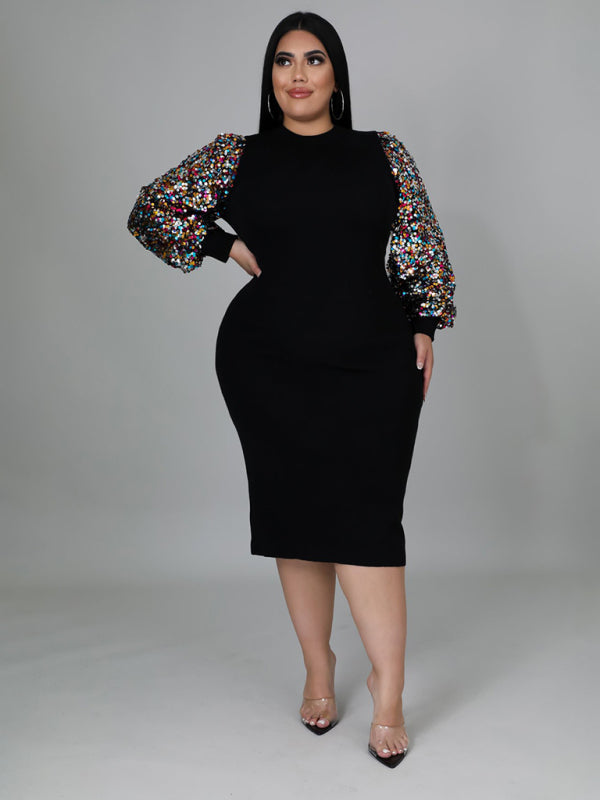 Blue Zone Planet | Plus Size Ladies Solid Color Sequin Puff Sleeve Dress BLUE ZONE PLANET