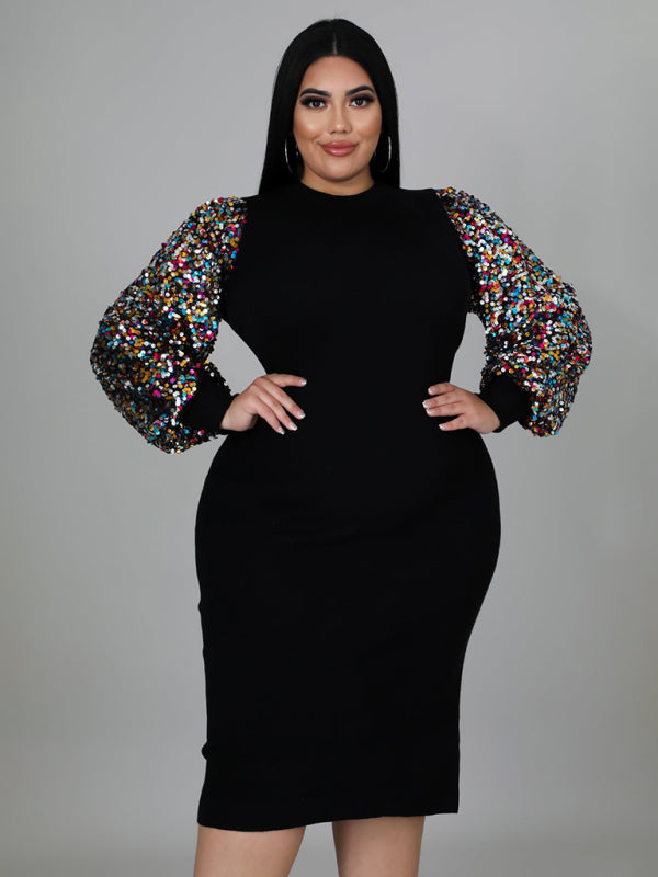 Blue Zone Planet | Plus Size Ladies Solid Color Sequin Puff Sleeve Dress BLUE ZONE PLANET