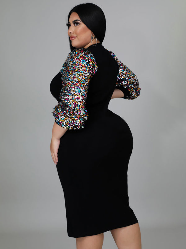 Blue Zone Planet | Plus Size Ladies Solid Color Sequin Puff Sleeve Dress BLUE ZONE PLANET