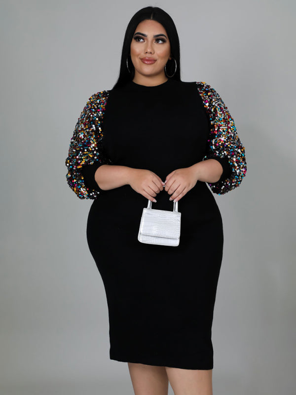 Blue Zone Planet | Plus Size Ladies Solid Color Sequin Puff Sleeve Dress BLUE ZONE PLANET