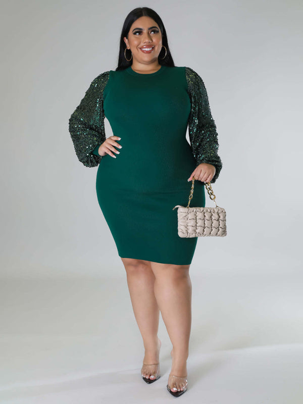 Blue Zone Planet | Plus Size Ladies Solid Color Sequin Puff Sleeve Dress BLUE ZONE PLANET