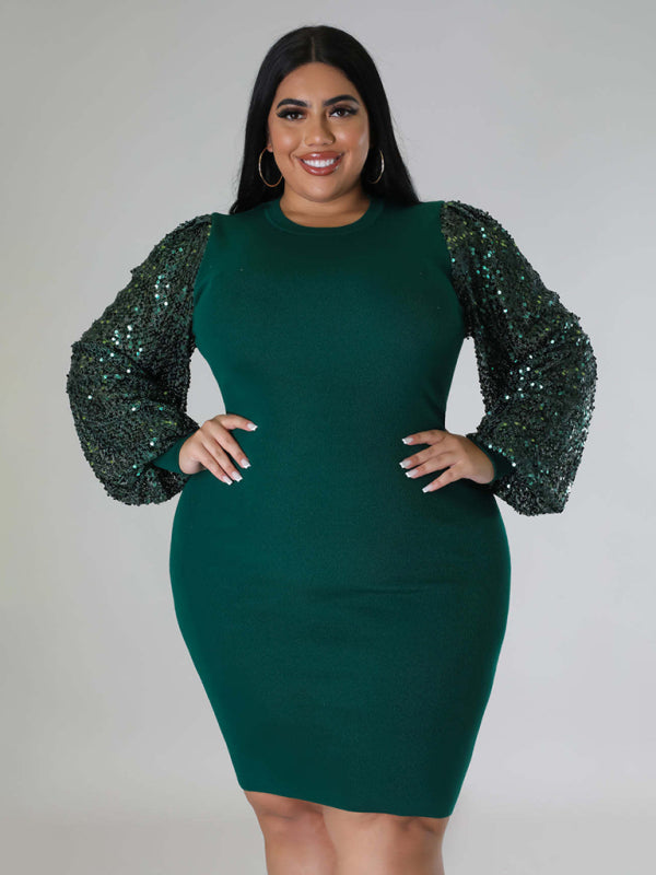 Blue Zone Planet | Plus Size Ladies Solid Color Sequin Puff Sleeve Dress BLUE ZONE PLANET
