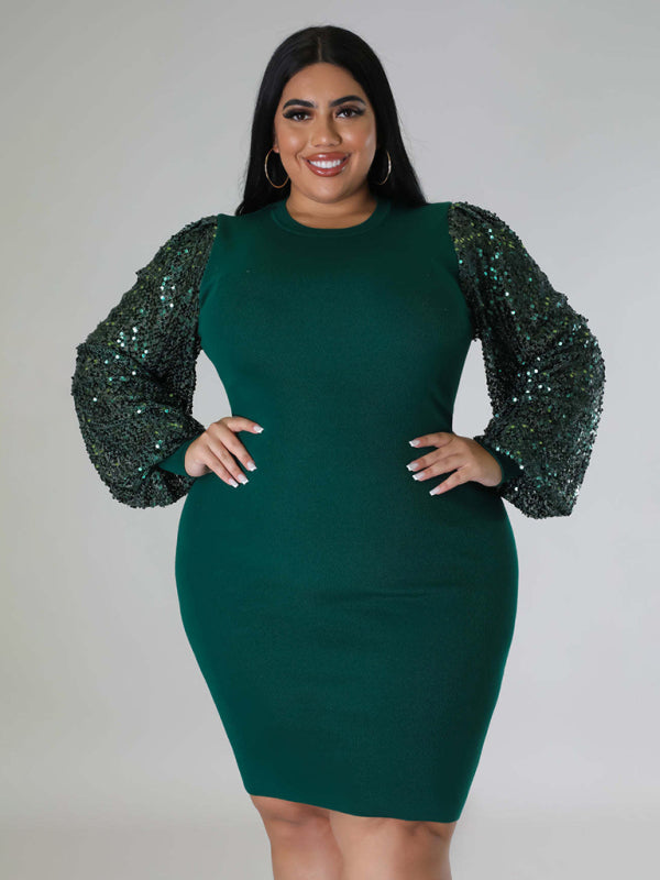 Blue Zone Planet | Plus Size Ladies Solid Color Sequin Puff Sleeve Dress BLUE ZONE PLANET