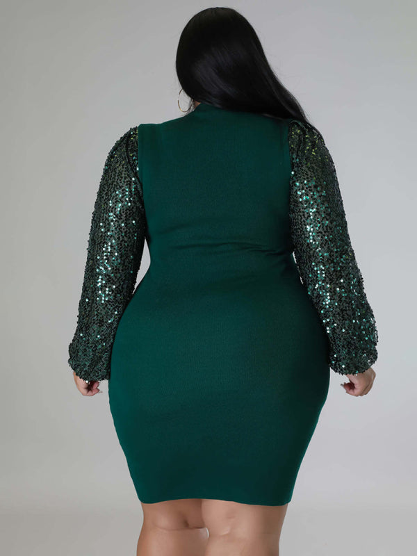 Blue Zone Planet | Plus Size Ladies Solid Color Sequin Puff Sleeve Dress BLUE ZONE PLANET