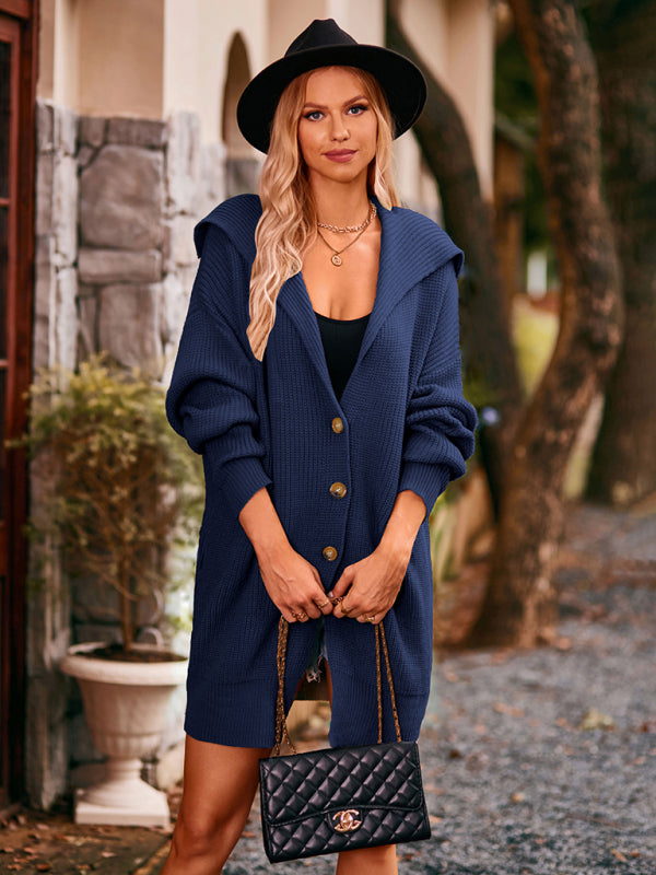 solid color lapel tie pocket cardigan three buttons mid-length sweater coat kakaclo