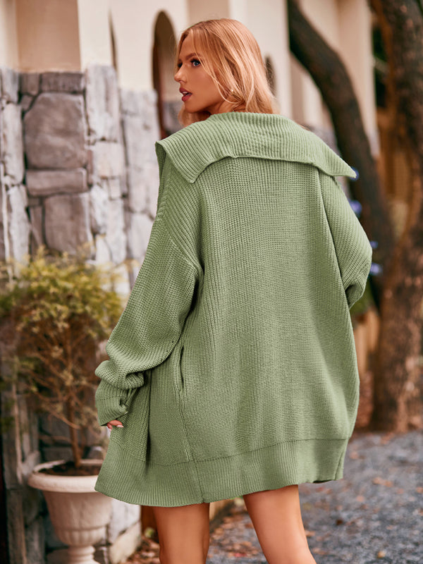 solid color lapel tie pocket cardigan three buttons mid-length sweater coat kakaclo