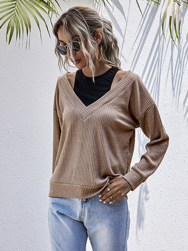 Bottom Fake Two-Piece Oversized Stitching V-Neck Knitted Sweater kakaclo