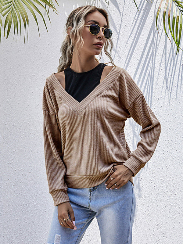 Bottom Fake Two-Piece Oversized Stitching V-Neck Knitted Sweater kakaclo