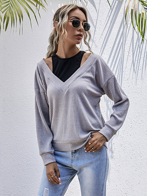 Bottom Fake Two-Piece Oversized Stitching V-Neck Knitted Sweater kakaclo